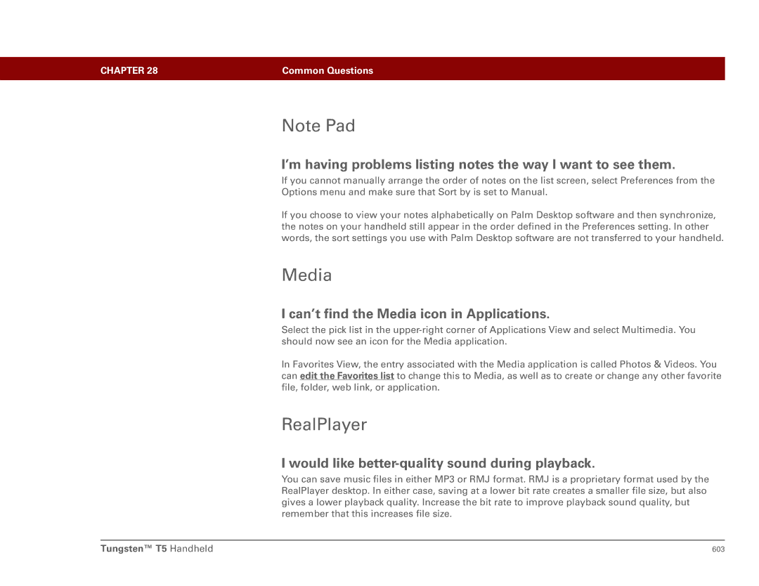 Palm Tungsten T5 manual Media, RealPlayer, ’m having problems listing notes the way I want to see them 