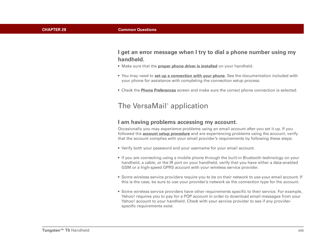 Palm Tungsten T5 manual VersaMail application, Am having problems accessing my account 
