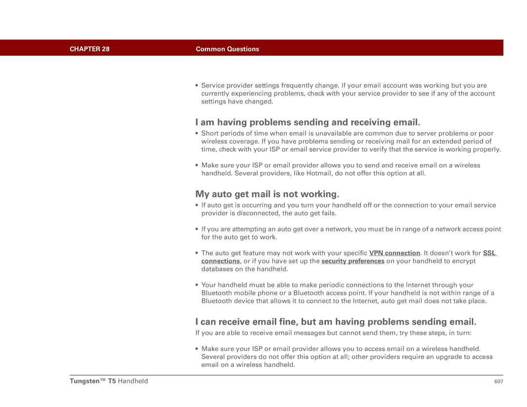 Palm Tungsten T5 manual Am having problems sending and receiving email, My auto get mail is not working 