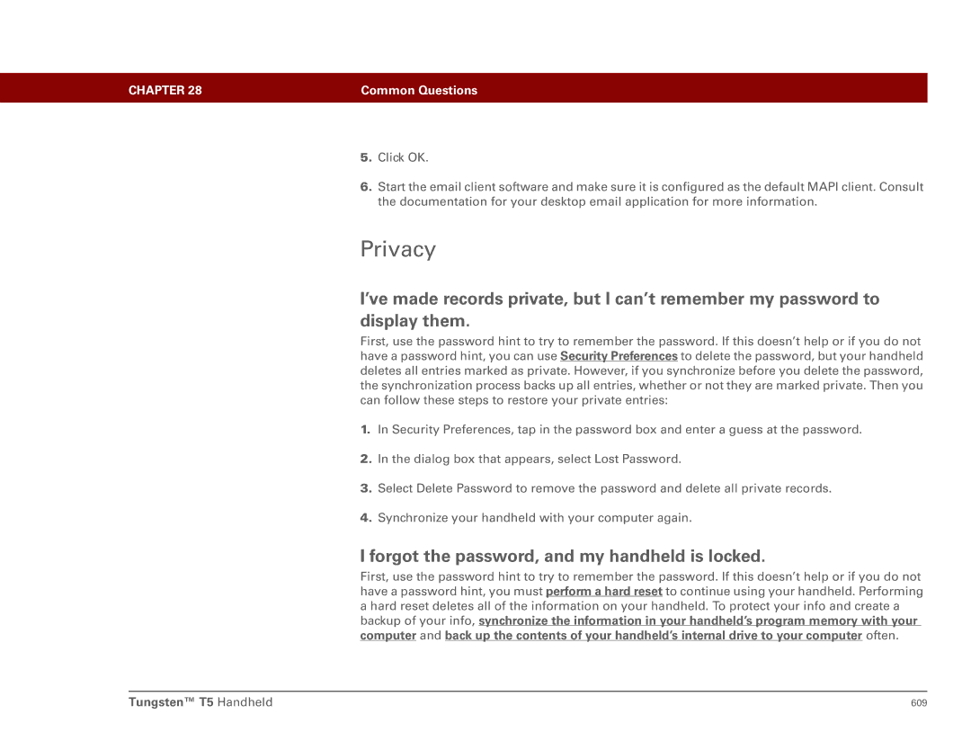 Palm Tungsten T5 manual Privacy, Forgot the password, and my handheld is locked 