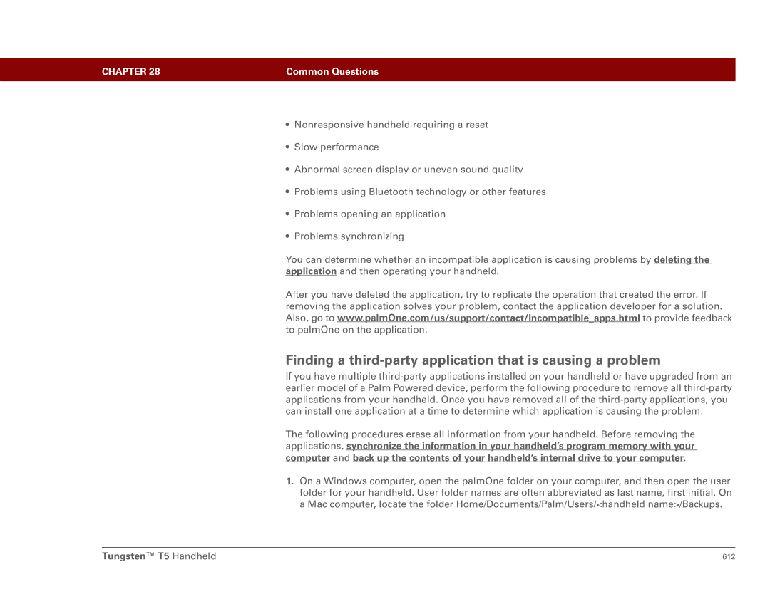 Palm Tungsten T5 manual Finding a third-party application that is causing a problem 