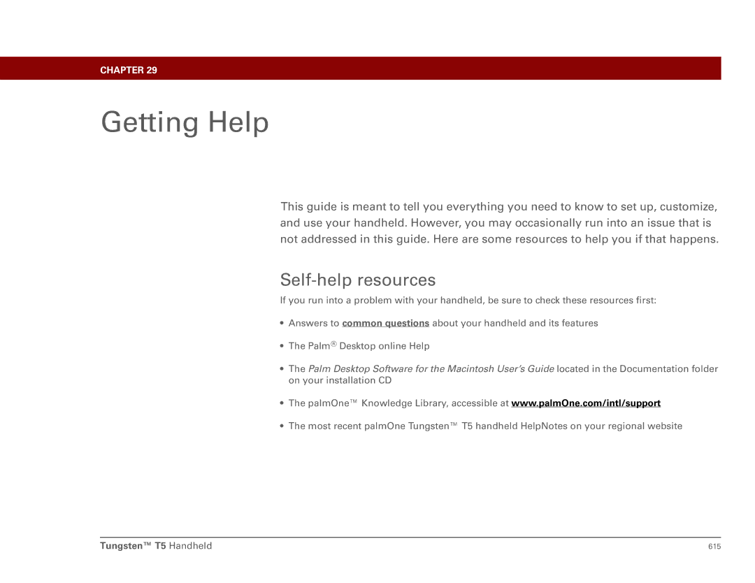 Palm Tungsten T5 manual Getting Help, Self-help resources 