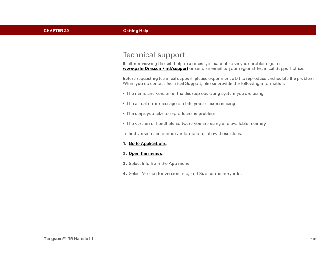 Palm Tungsten T5 manual Technical support 