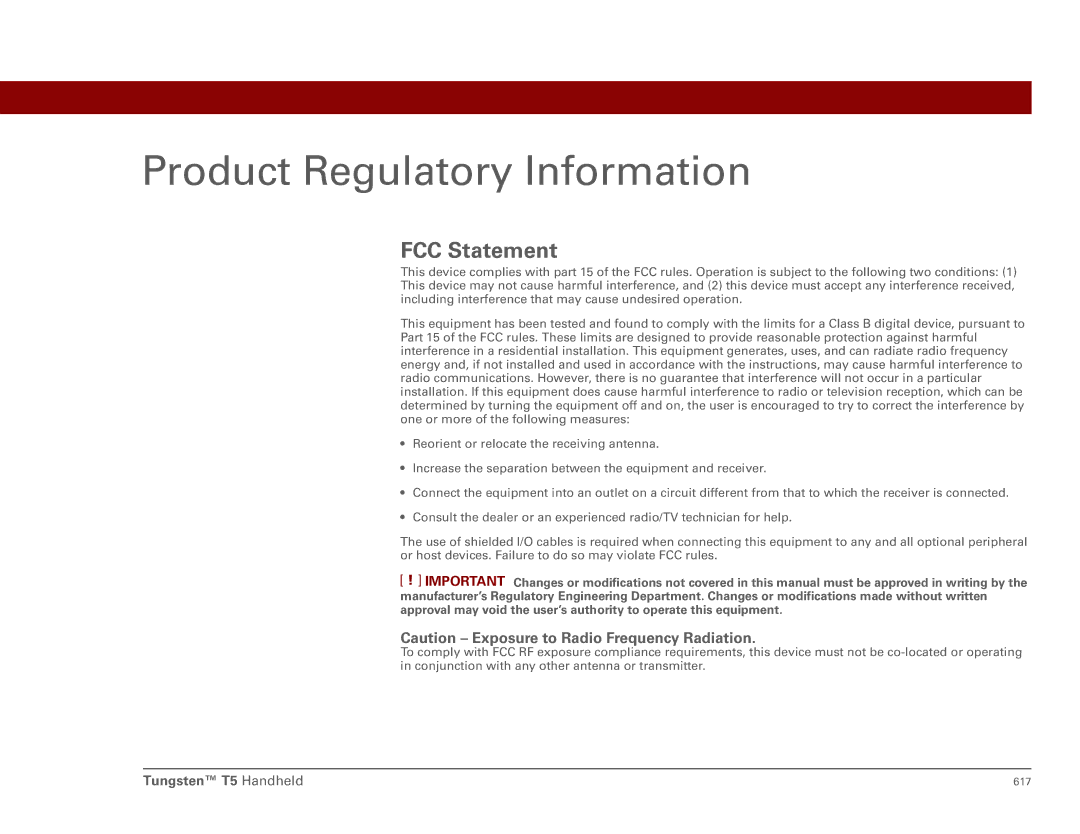 Palm Tungsten T5 manual Product Regulatory Information, FCC Statement 