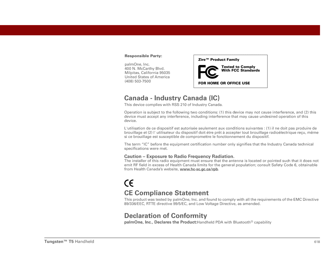 Palm Tungsten T5 manual Canada Industry Canada IC 