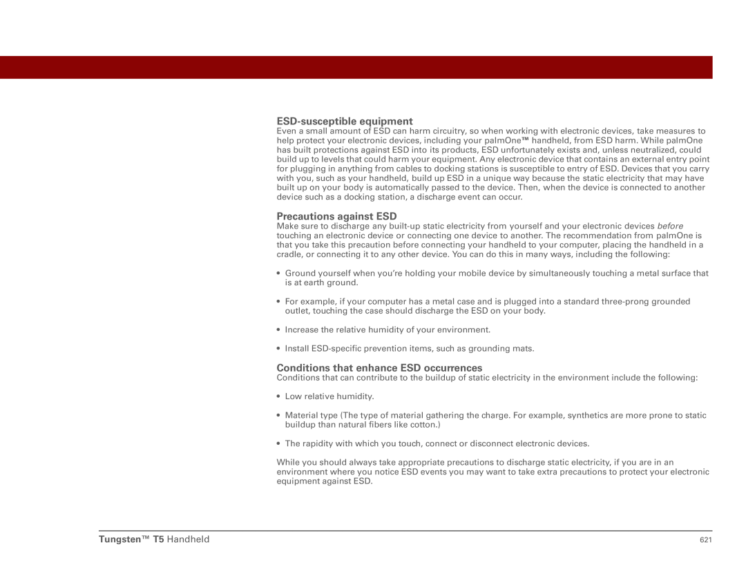 Palm Tungsten T5 manual ESD-susceptible equipment 