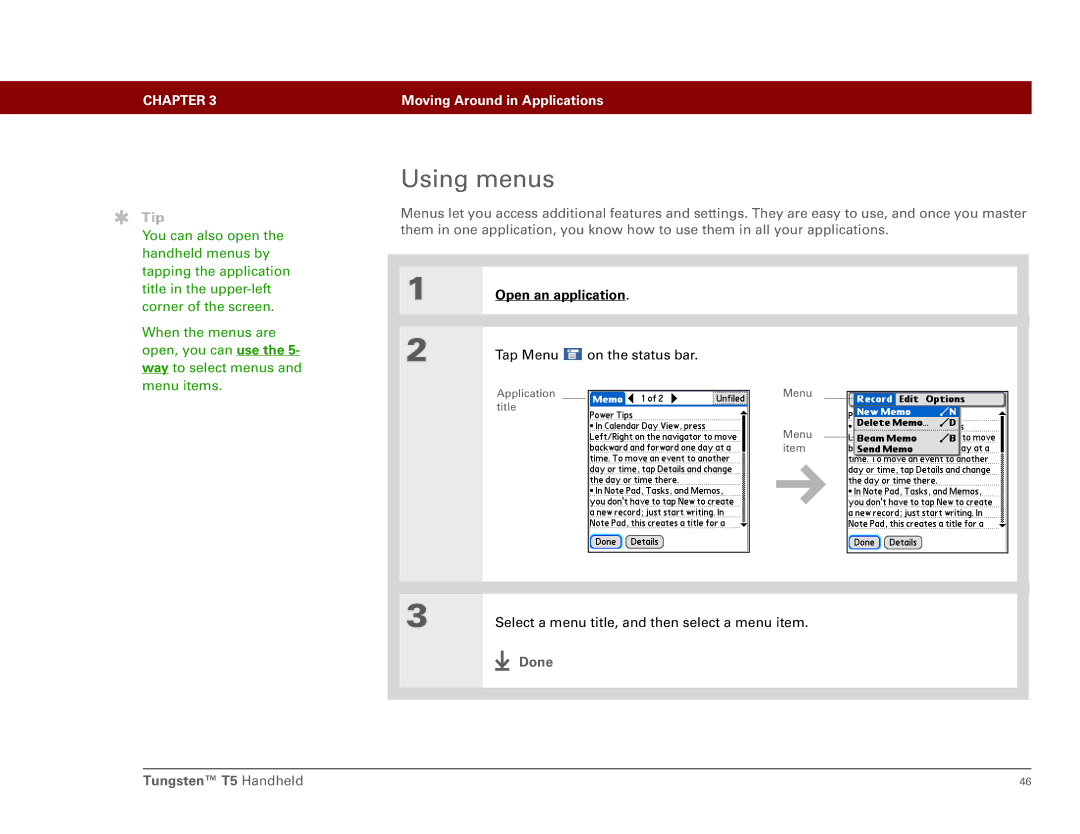 Palm Tungsten T5 manual Using menus, Open an application 