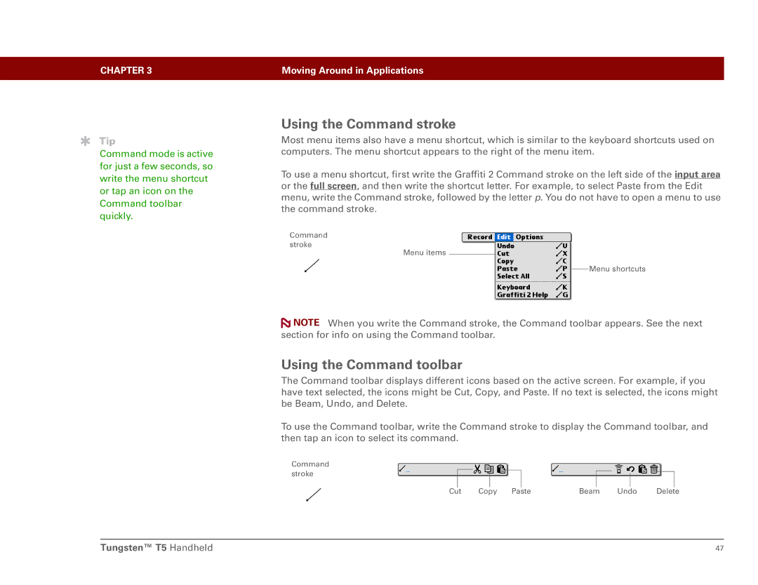 Palm Tungsten T5 manual Using the Command stroke, Using the Command toolbar 