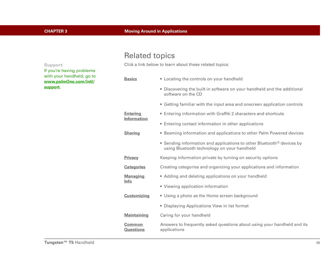 Palm Tungsten T5 manual Basics, Privacy, Categories, Managing, Info, Questions 