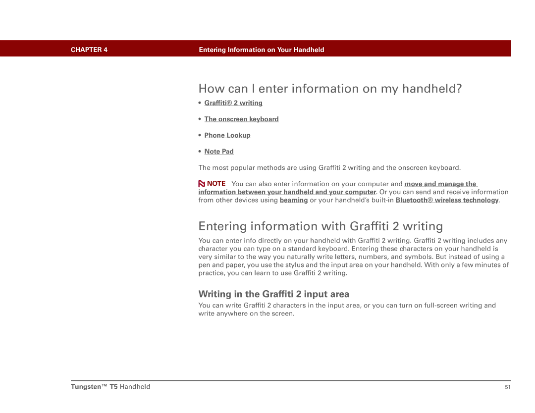 Palm Tungsten T5 manual How can I enter information on my handheld?, Entering information with Graffiti 2 writing 