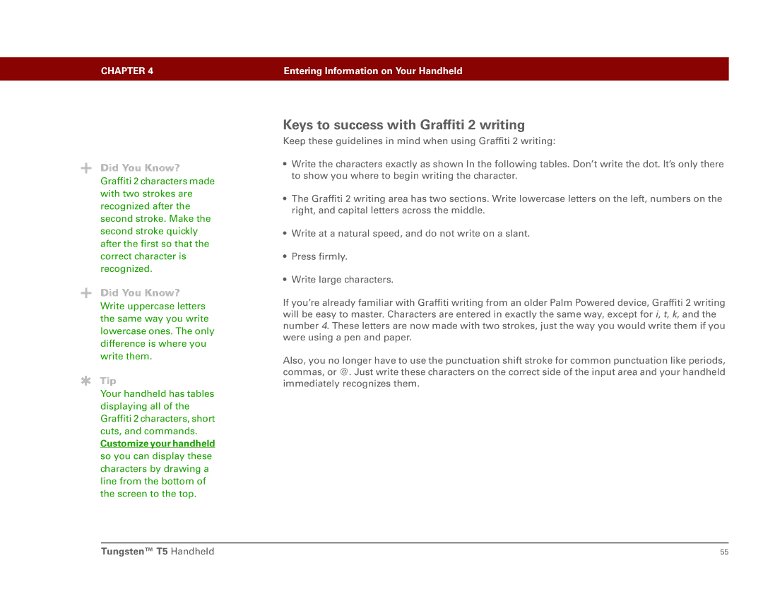Palm Tungsten T5 manual Keys to success with Graffiti 2 writing, Customize your handheld 