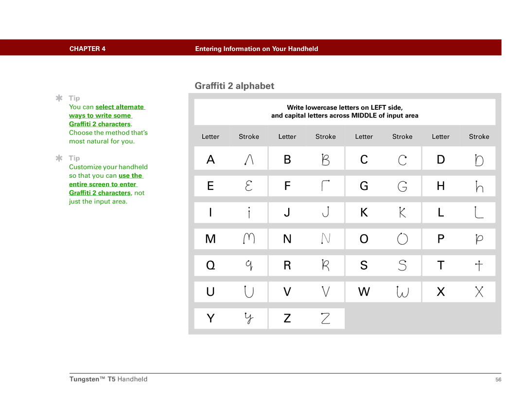 Palm Tungsten T5 manual Graffiti 2 alphabet, Entire screen to enter Graffiti 2 characters, not 