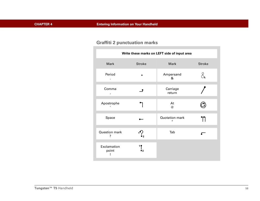 Palm Tungsten T5 manual Graffiti 2 punctuation marks, Write these marks on Left side of input area 