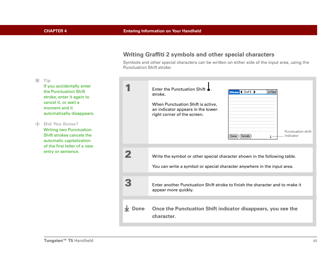 Palm Tungsten T5 manual Writing Graffiti 2 symbols and other special characters 