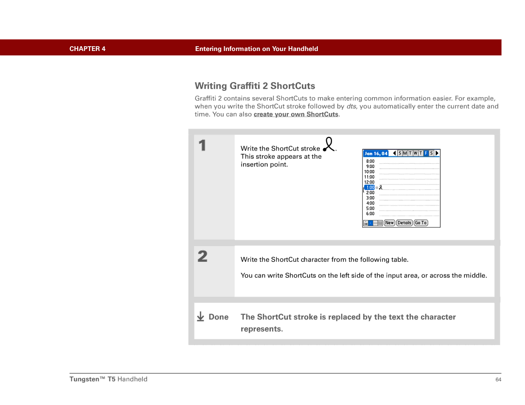 Palm Tungsten T5 manual Writing Graffiti 2 ShortCuts 