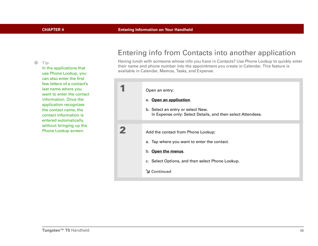 Palm Tungsten T5 manual Entering info from Contacts into another application 