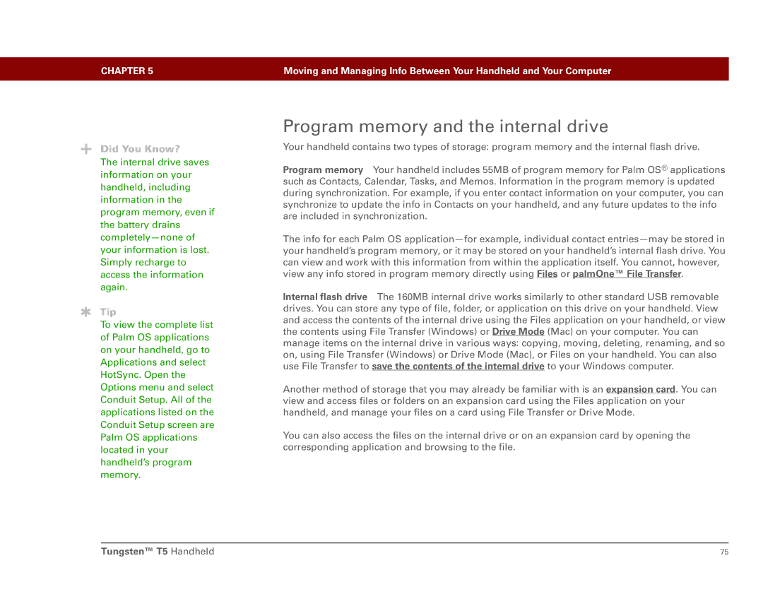 Palm Tungsten T5 manual Program memory and the internal drive 