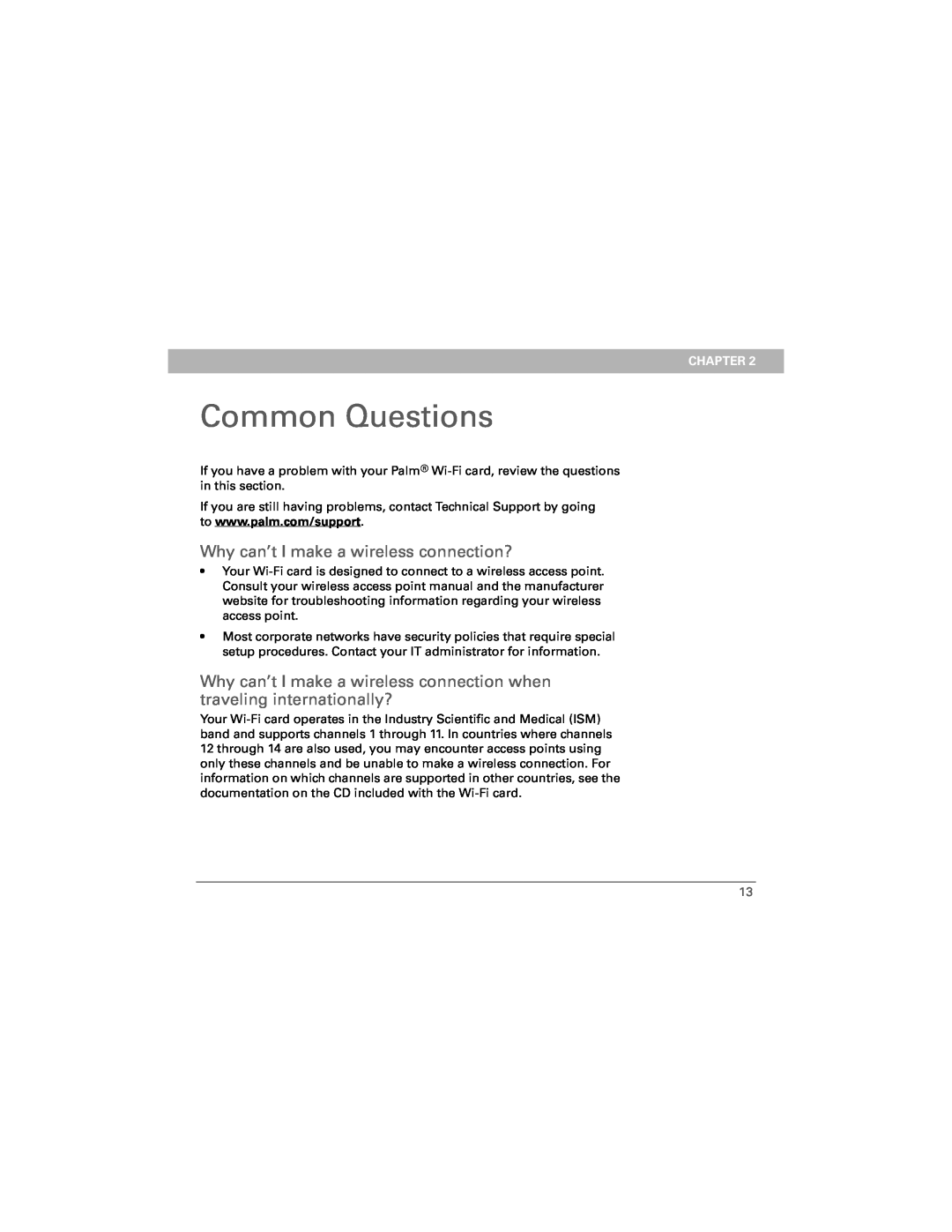 Palm Wi-Fi Card manual Common Questions, Why can’t I make a wireless connection?, Chapter 