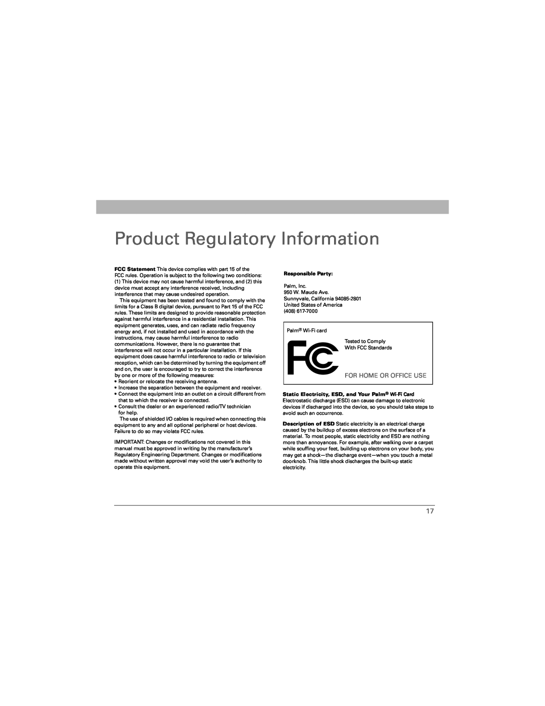 Palm Wi-Fi Card manual Product Regulatory Information, For Home Or Office Use, Responsible Party 