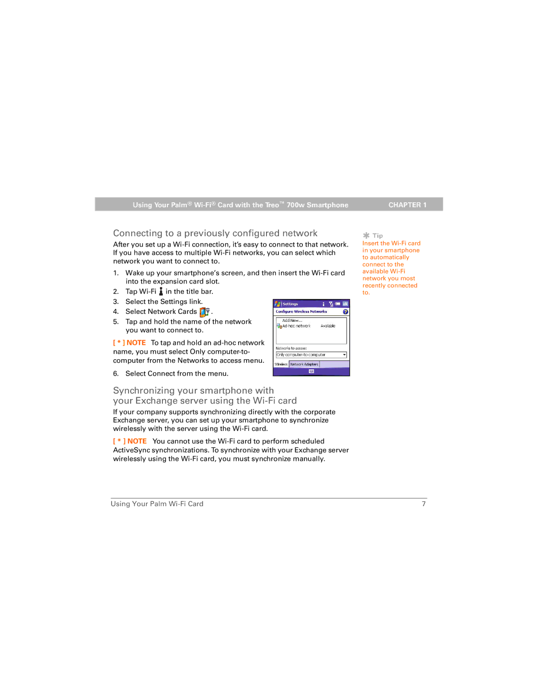 Palm Wi-Fi Card manual Connecting to a previously configured network 