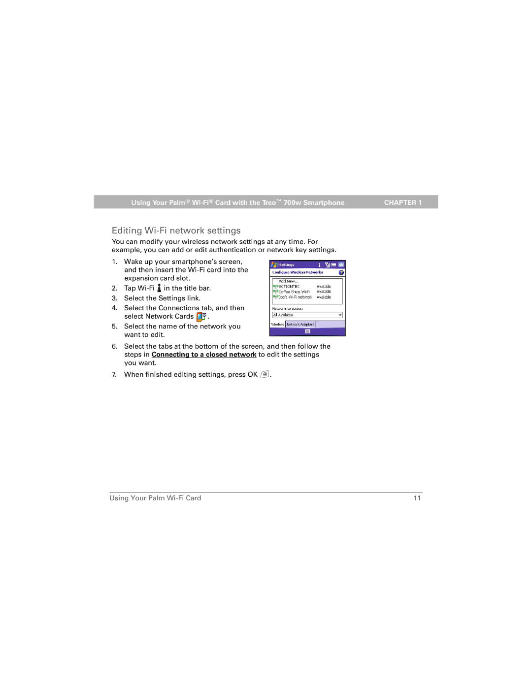 Palm Wi-Fi Card manual Editing Wi-Fi network settings 