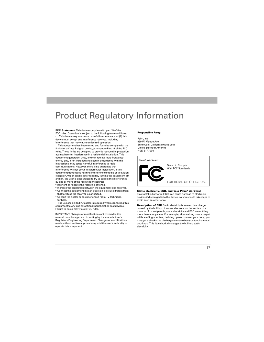 Palm Wi-Fi Card manual Product Regulatory Information, Responsible Party 