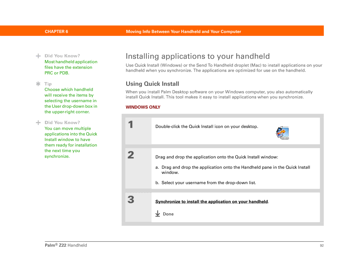 Palm Z22 manual Installing applications to your handheld, Using Quick Install 