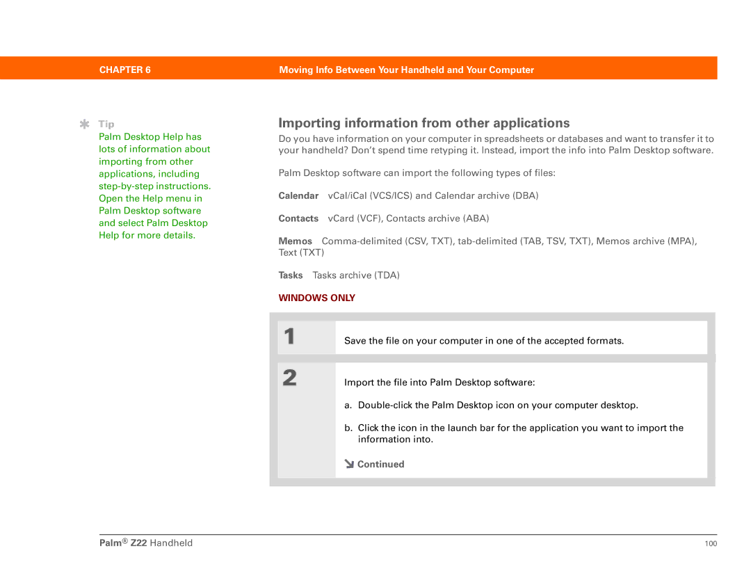 Palm Z22 manual Importing information from other applications 