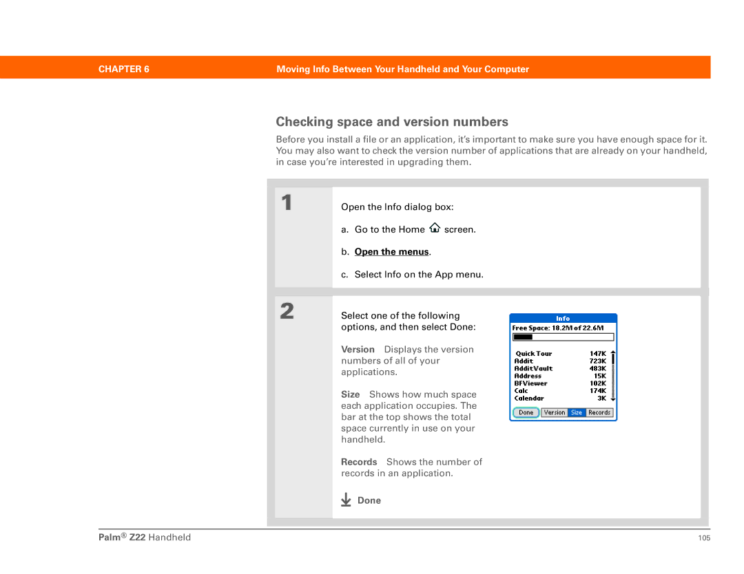 Palm Z22 manual Checking space and version numbers 