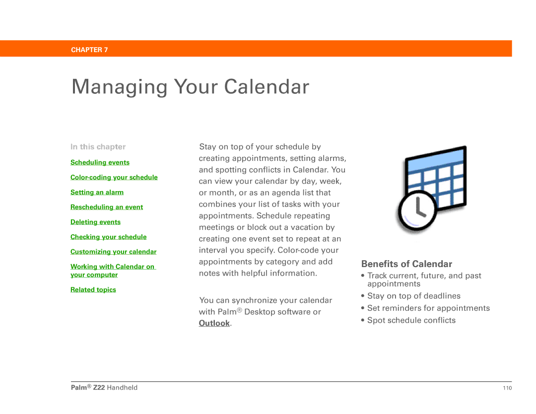 Palm Z22 manual Managing Your Calendar, Benefits of Calendar 