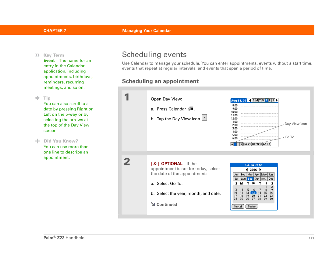 Palm Z22 manual Scheduling events, Scheduling an appointment 