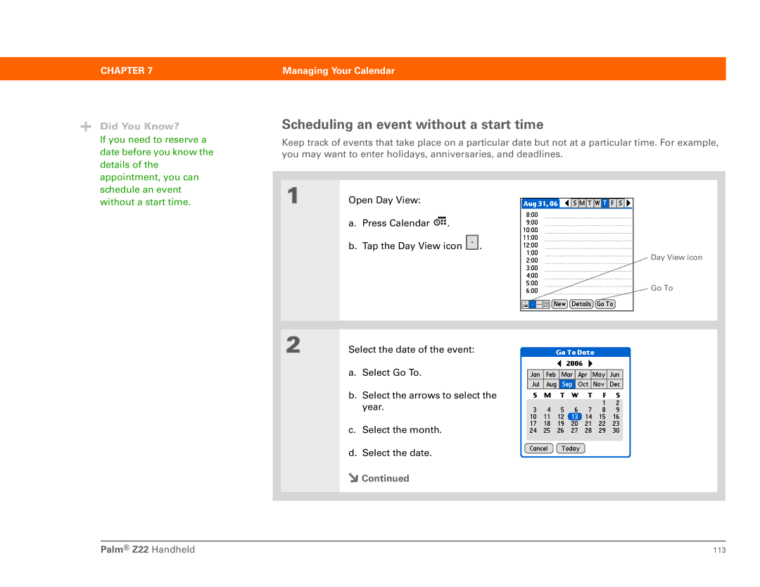 Palm Z22 manual Scheduling an event without a start time 