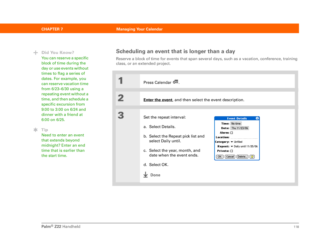 Palm Z22 manual Scheduling an event that is longer than a day 