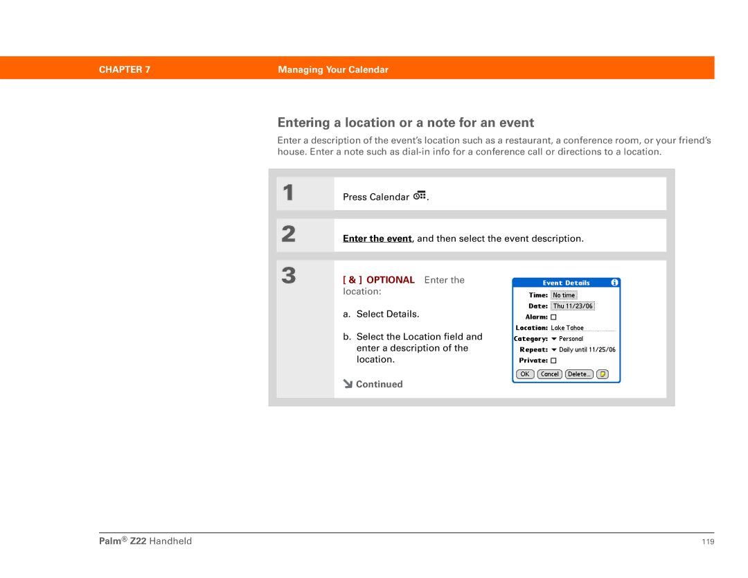 Palm Z22 manual Entering a location or a note for an event, Optional Enter the location 