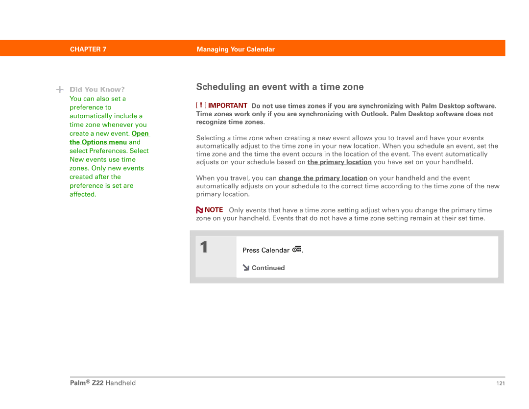 Palm Z22 manual Scheduling an event with a time zone 