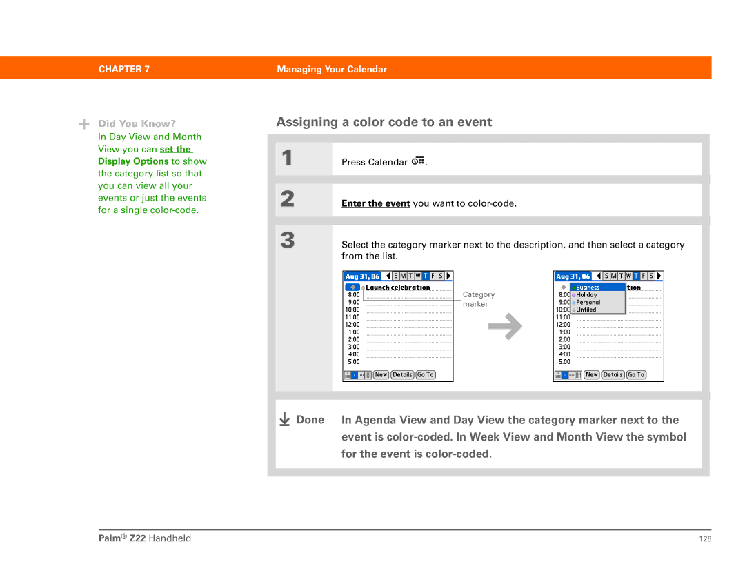 Palm Z22 manual Assigning a color code to an event 