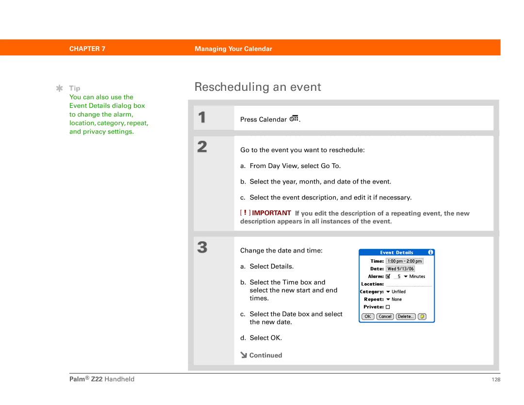 Palm Z22 manual Rescheduling an event 