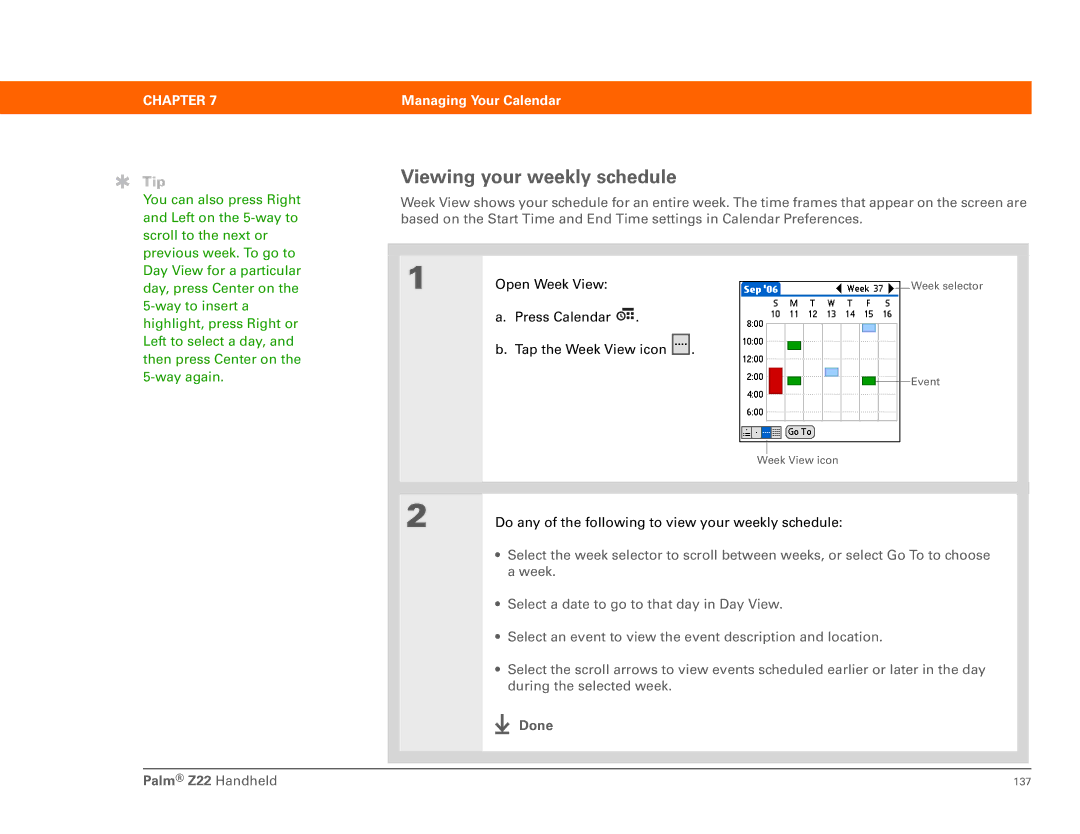 Palm Z22 manual Viewing your weekly schedule 