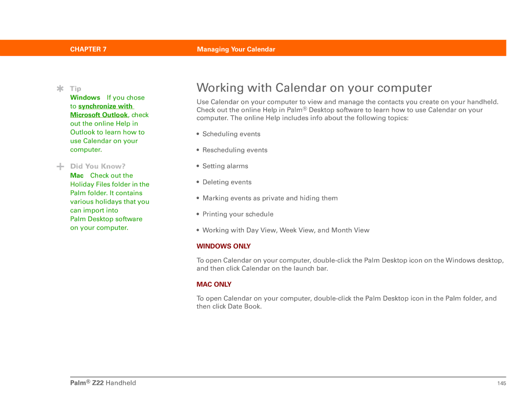 Palm Z22 manual Working with Calendar on your computer 