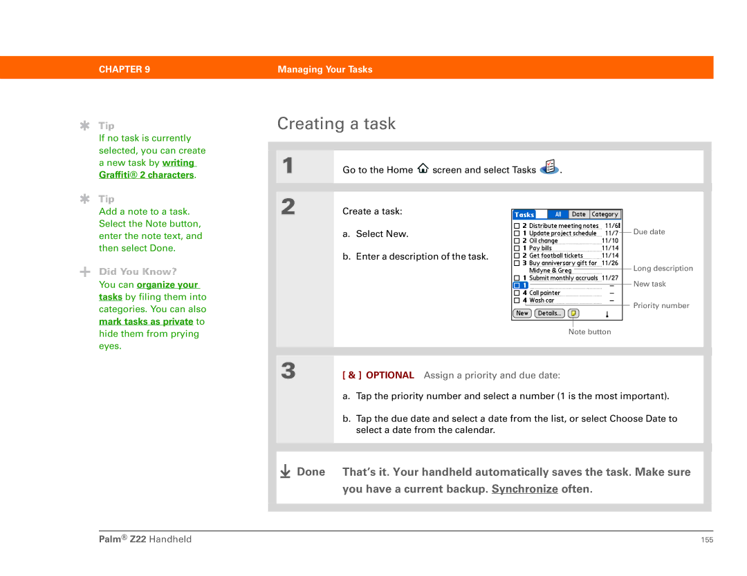 Palm Z22 manual Creating a task, Assign a priority and due date 