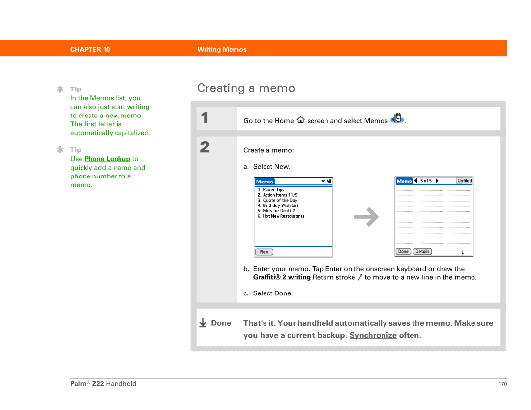 Palm Z22 manual Creating a memo 