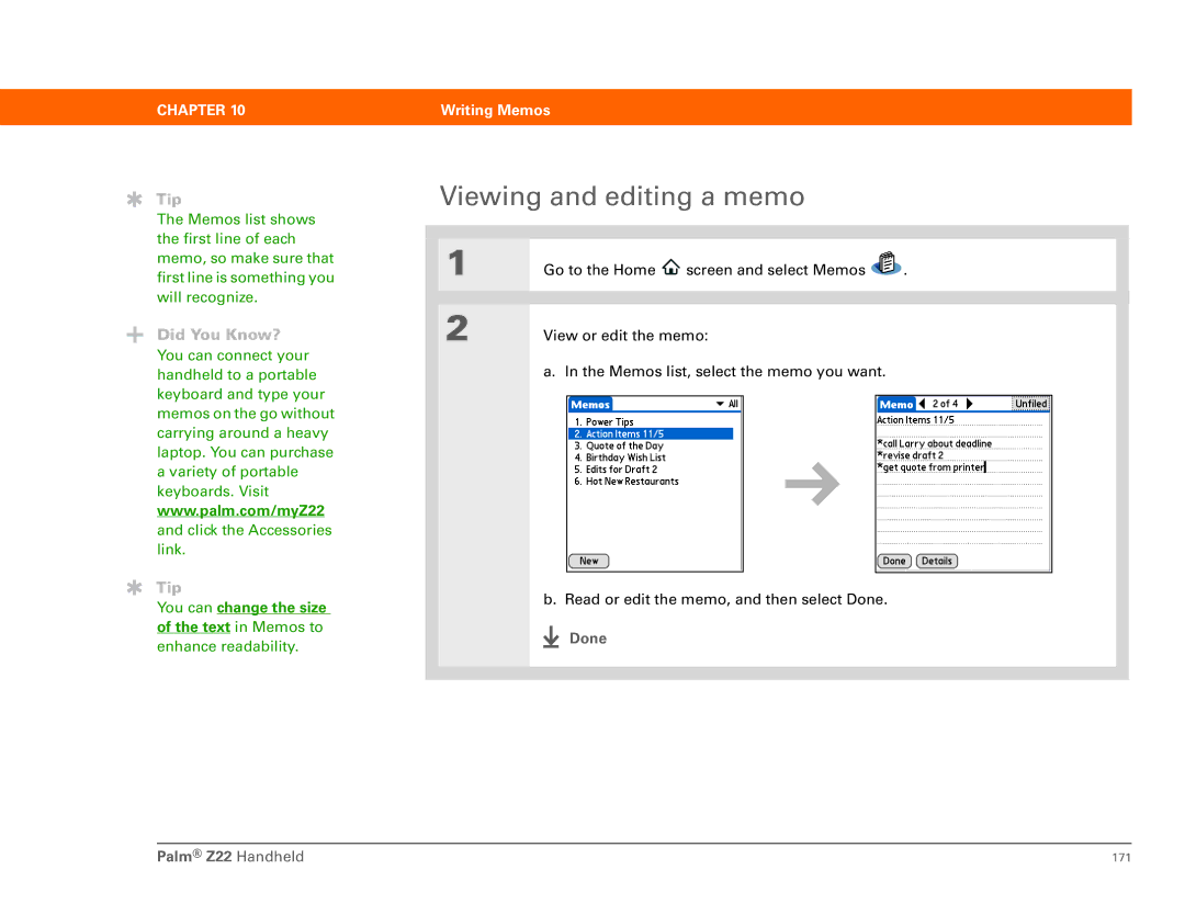 Palm manual Viewing and editing a memo, Done Palm Z22 Handheld 