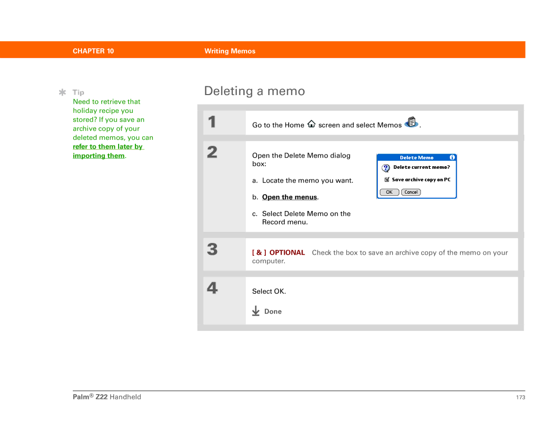 Palm Z22 manual Deleting a memo, Done 