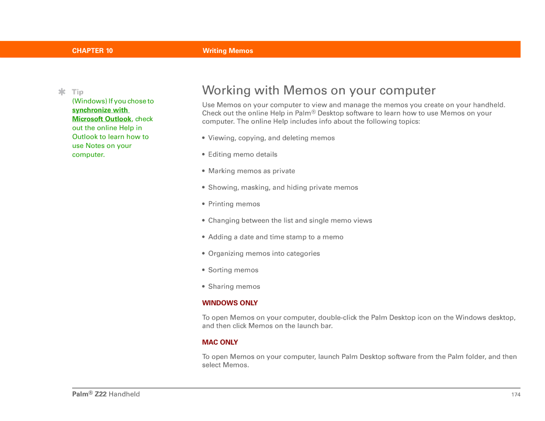 Palm Z22 manual Working with Memos on your computer 