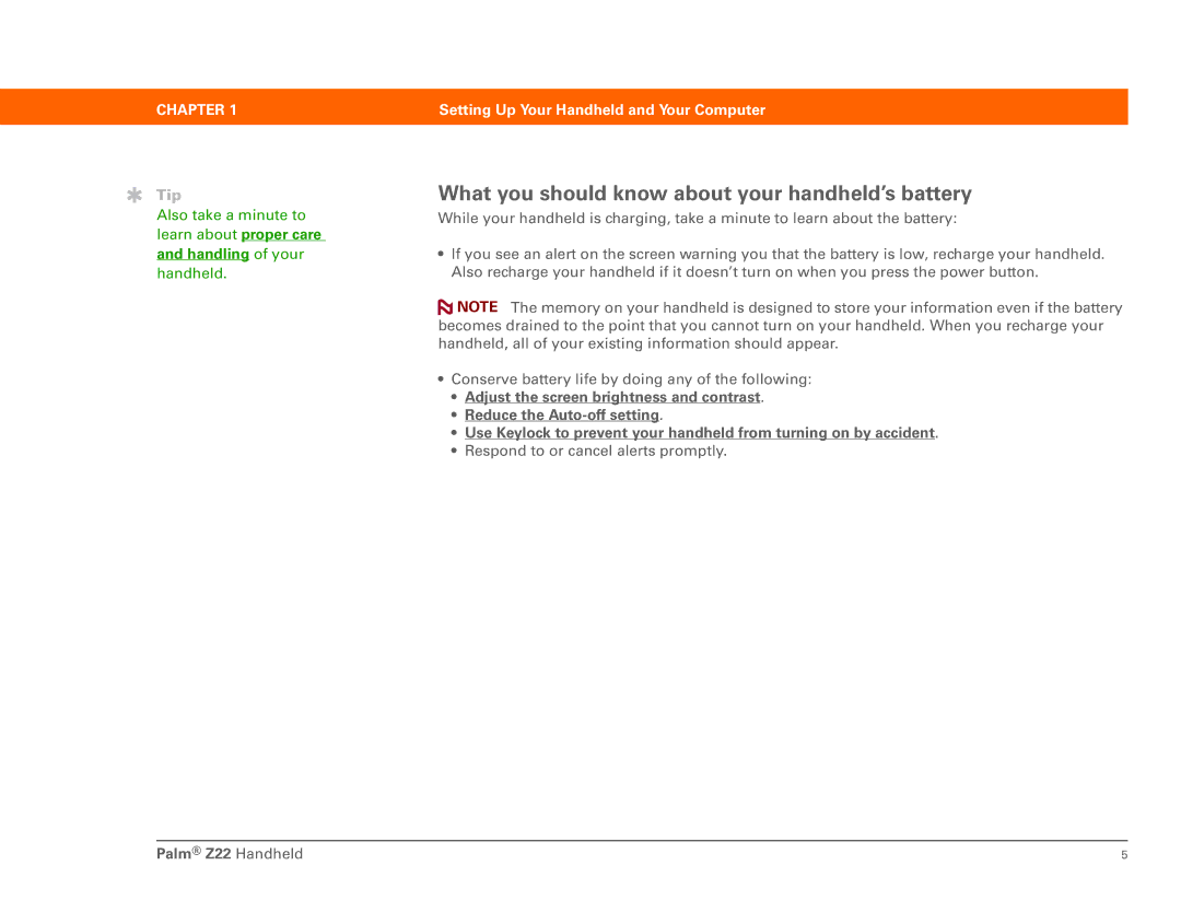 Palm Z22 manual What you should know about your handheld’s battery 