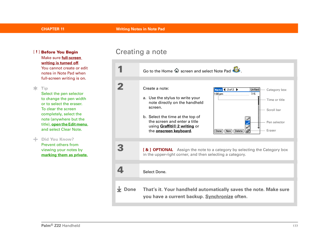 Palm Z22 manual Creating a note, Marking them as private 