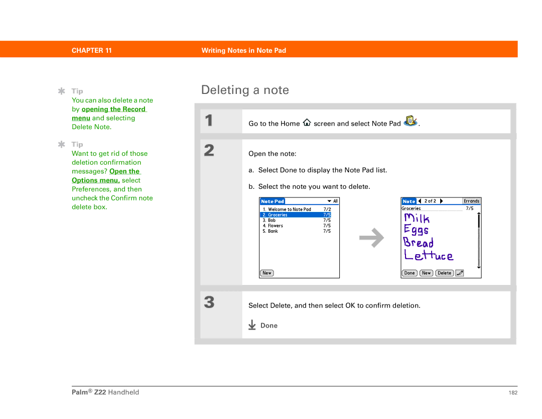 Palm Z22 manual Deleting a note 