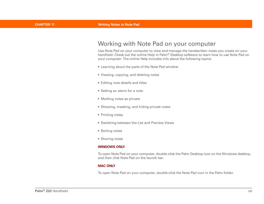 Palm Z22 manual Working with Note Pad on your computer 