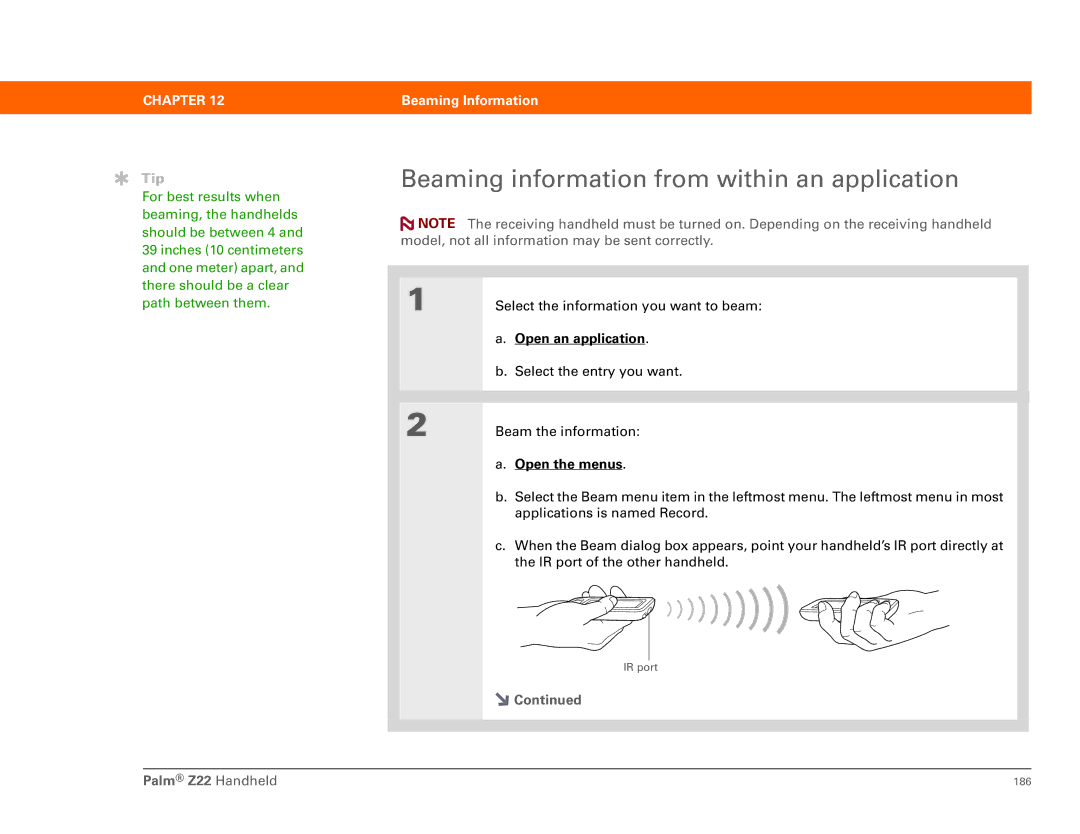 Palm Z22 manual Beaming information from within an application 