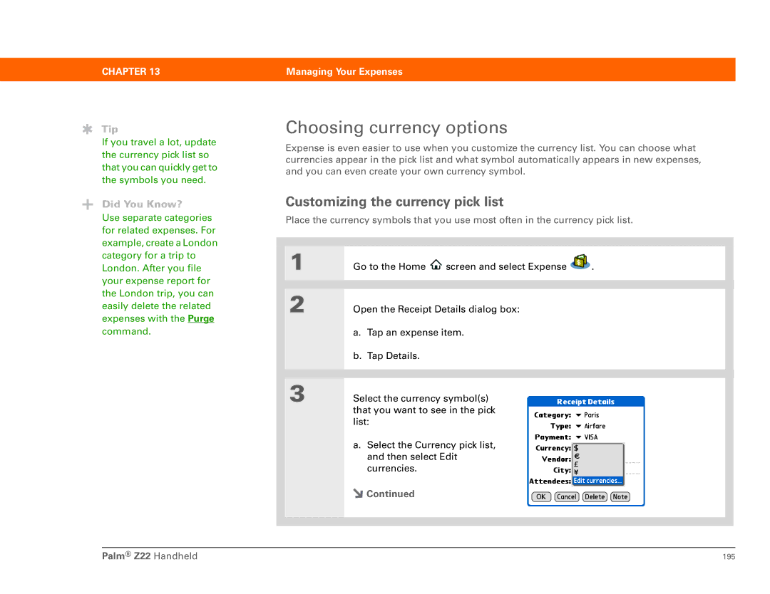 Palm Z22 manual Choosing currency options, Customizing the currency pick list 